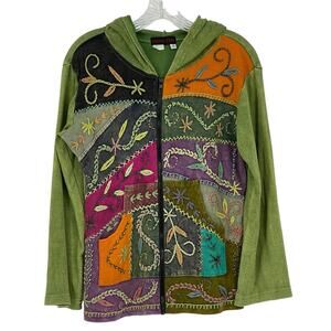 Rising Tide Boho Hippie Zip Up Green Multi Color Hoodie Small Grunge Concert